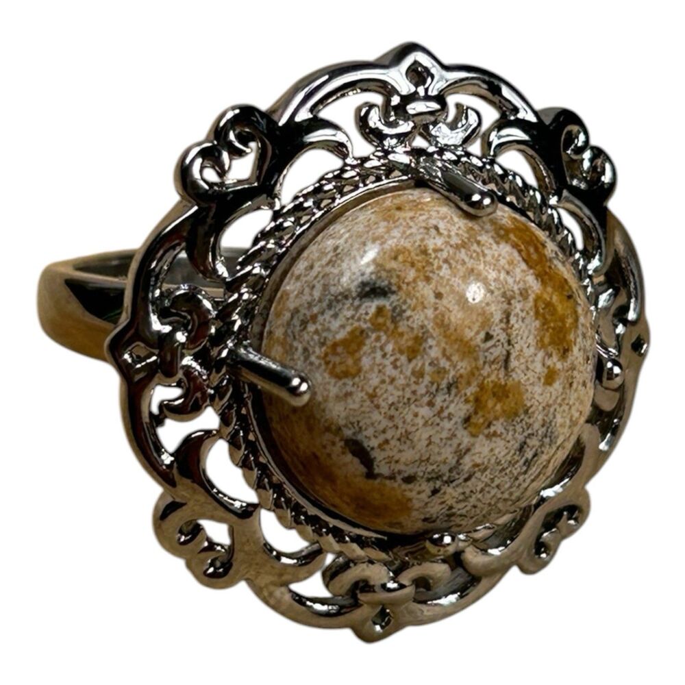 Picture Jasper-Style Cabochon Statement Ring Ornate Silver-Tone Size 7.75
